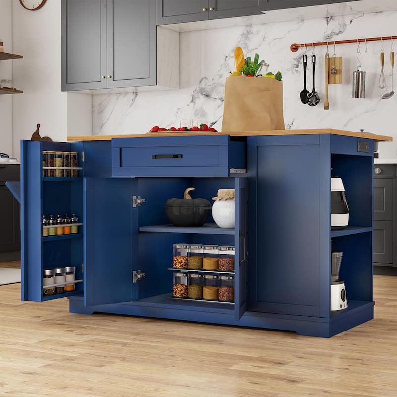 Moasis 50" Kitchen Island with Power Outlet & Drop Leaf,Rolling Island Cart with Trash Can Cabinet - Navy Blue