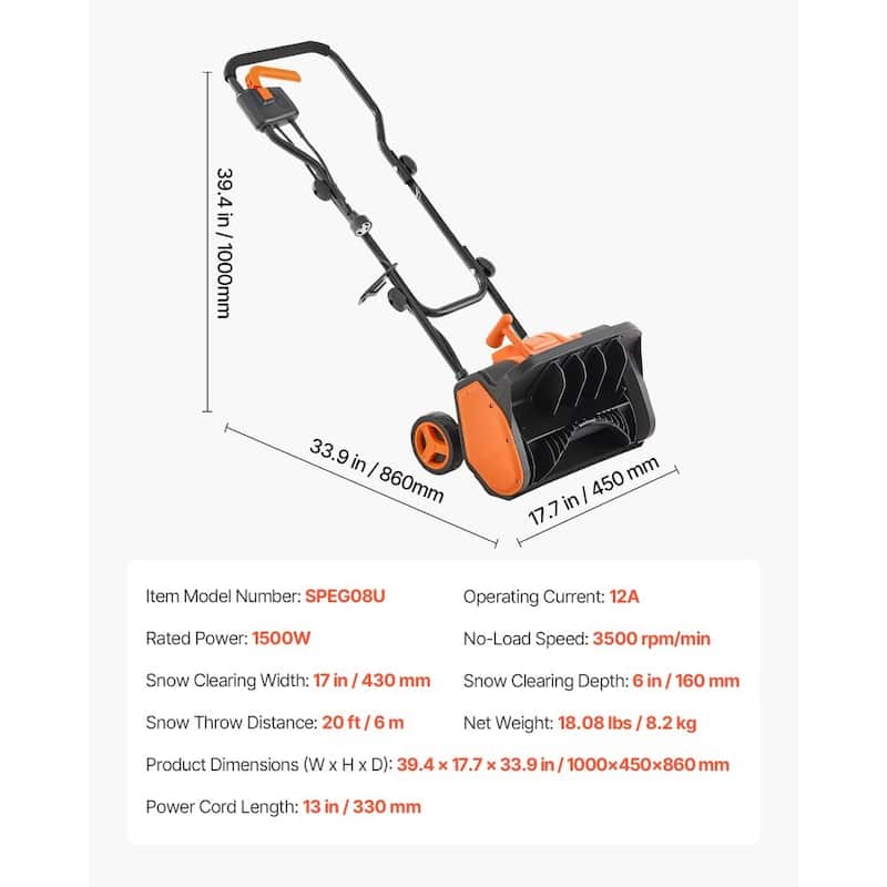 Black-Orange Electric 1500W Snow Shovel with 17in Clearing Width - 39.4 × 17.7 × 39.4 in