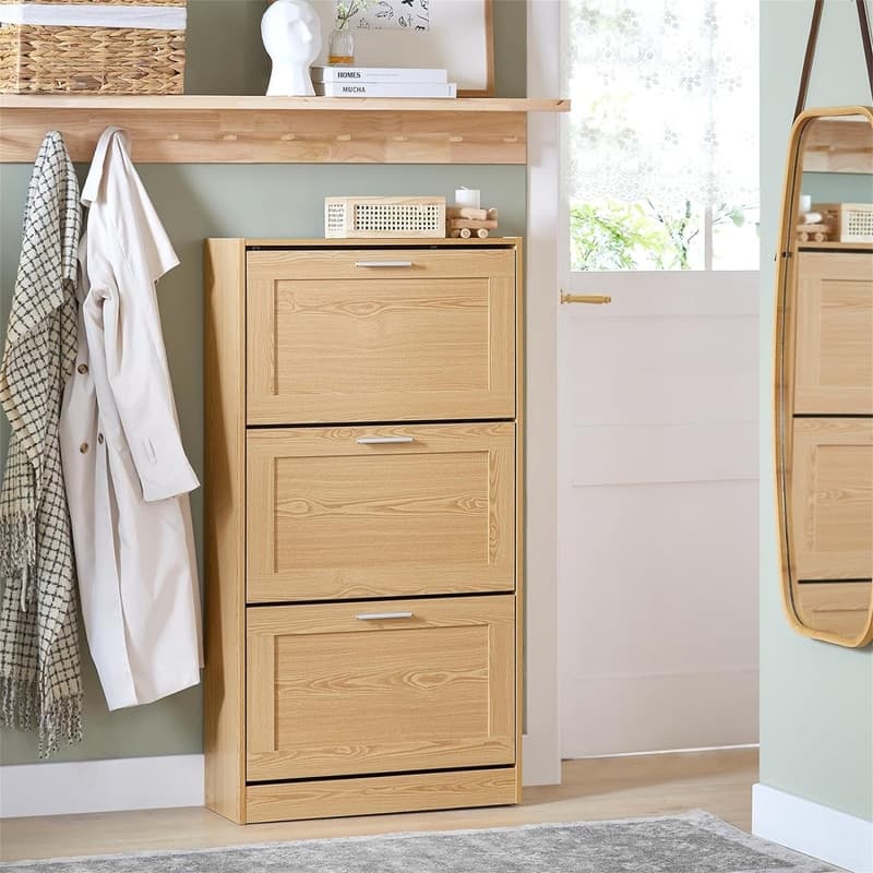 Natural Shoe Storage Cabinet with 3 Flip-Drawers - 9.1"D x 23.4"W x 45.2"H