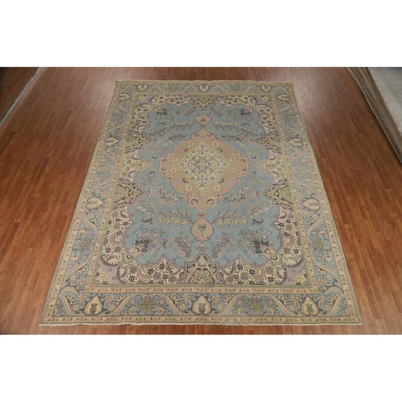Light Blue Tabriz Persian Area Rug Handmade Bedroom Wool Carpet - 9'5"x 12'5"