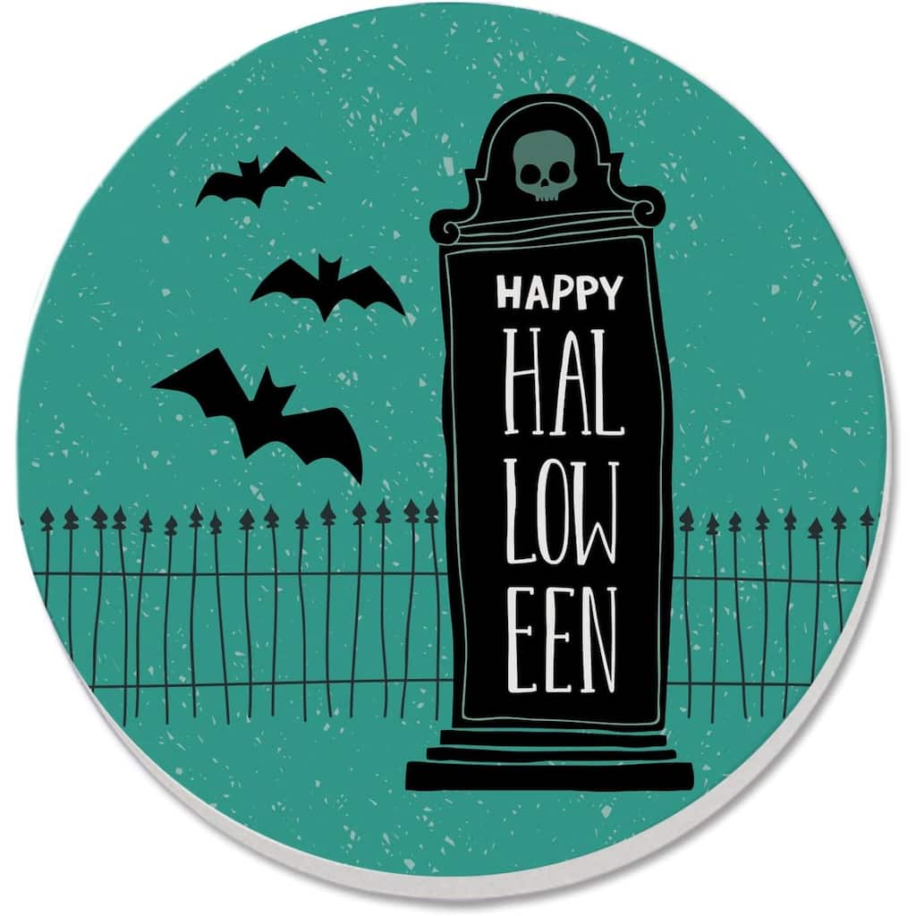 Halloween Head Stone 4 Pack Absorbent Stone Coaster with Protective Cork Backing Made in The USA 4" Round, Easily Wipes Clean