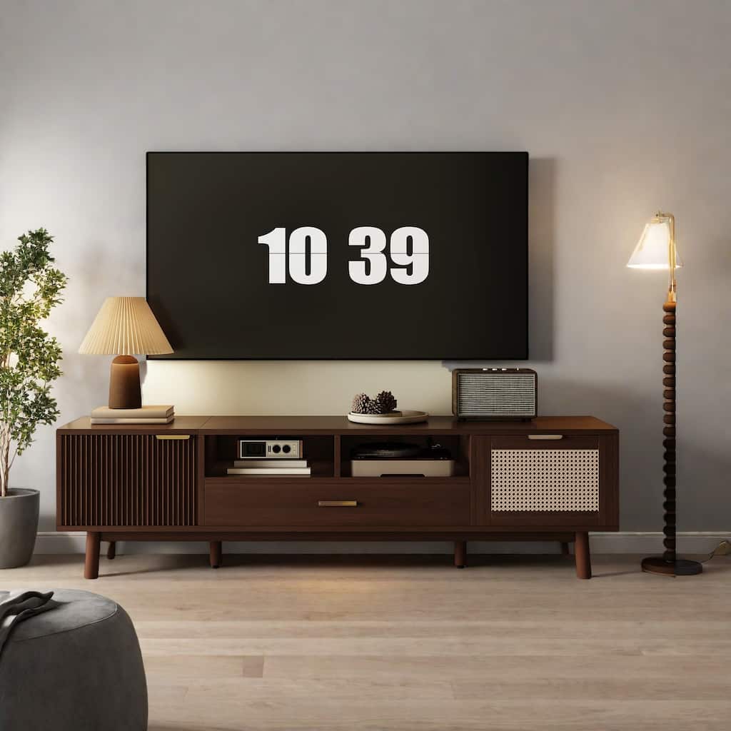 66.93" Rattan Media Console - Transitional Design with Interwoven Doors, Solid Wood Base and Concealed Storage