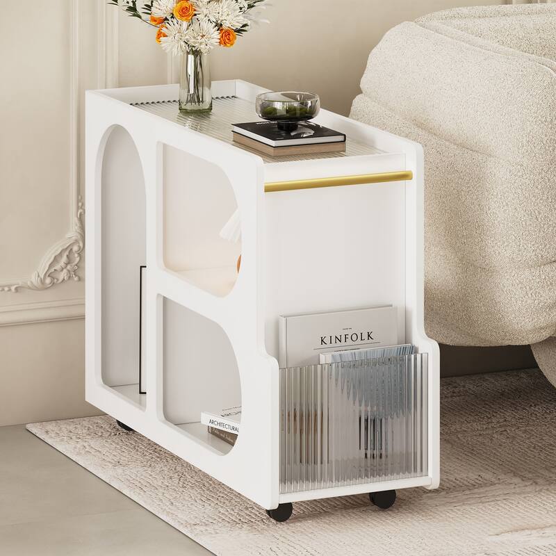 End Table with Storage, Side Table with Lockable Wheels/Golden Round Rod