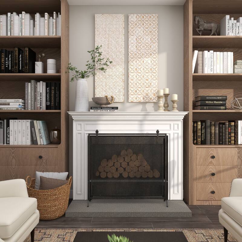 White Wooden Intricately Carved Geometric Home Wall Decor (Set of 2)