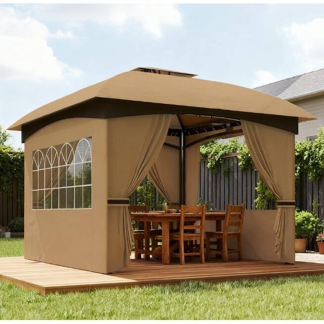 GDFStudio - Outdoor 11'x11' Double Roof Patio Gazebo with Church Windows & Curtains