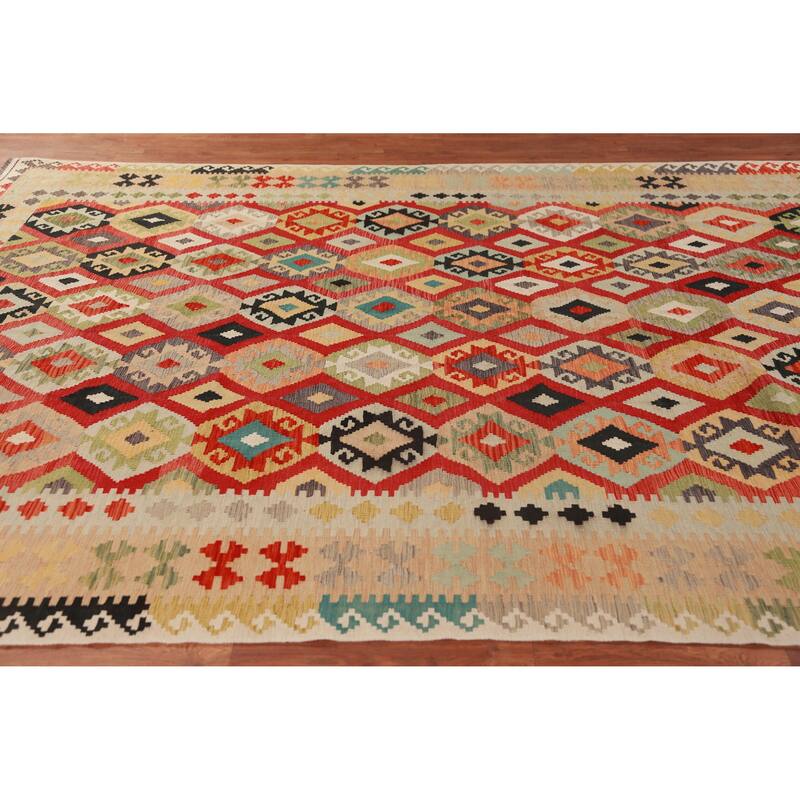 Geometric Kilim Oriental Area Rug Hand-Woven Tribal Wool Carpet - 8'0"x 11'3"