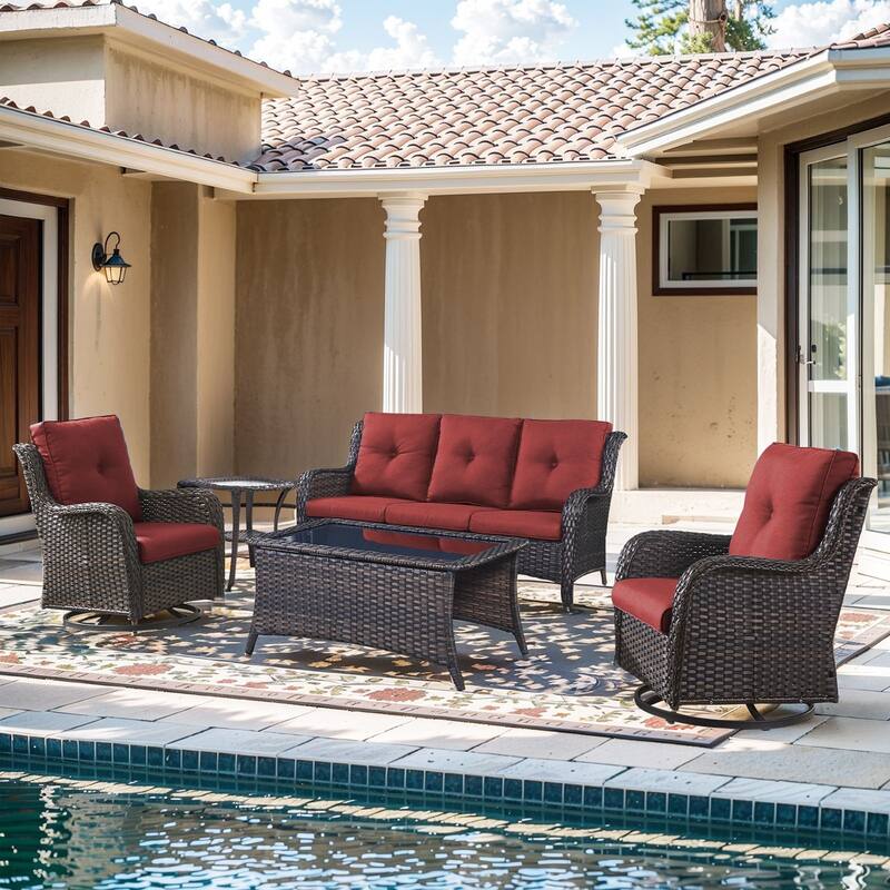 Pocassy 5 Pieces Outdoor 4 Inch Sofa Swivel Chairs Table - Red cushion - Brown Wicker