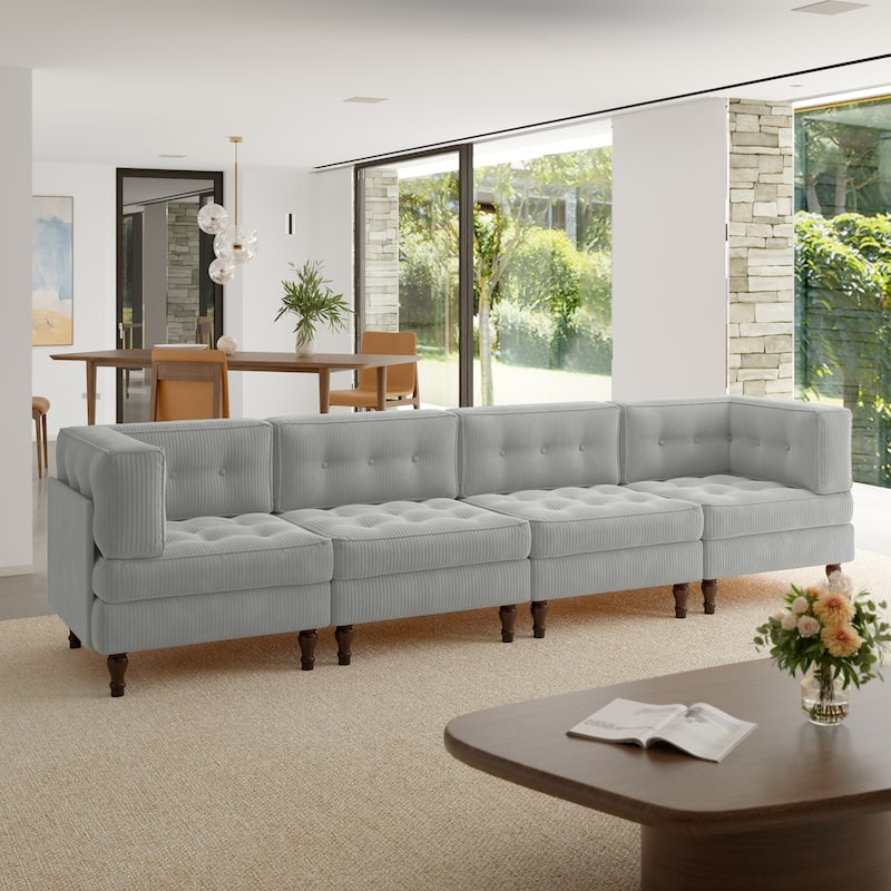 Oversized Modular Sectional Corduroy Fabric Tufted Sofa - Light Grey-4 peice - Symmetrical