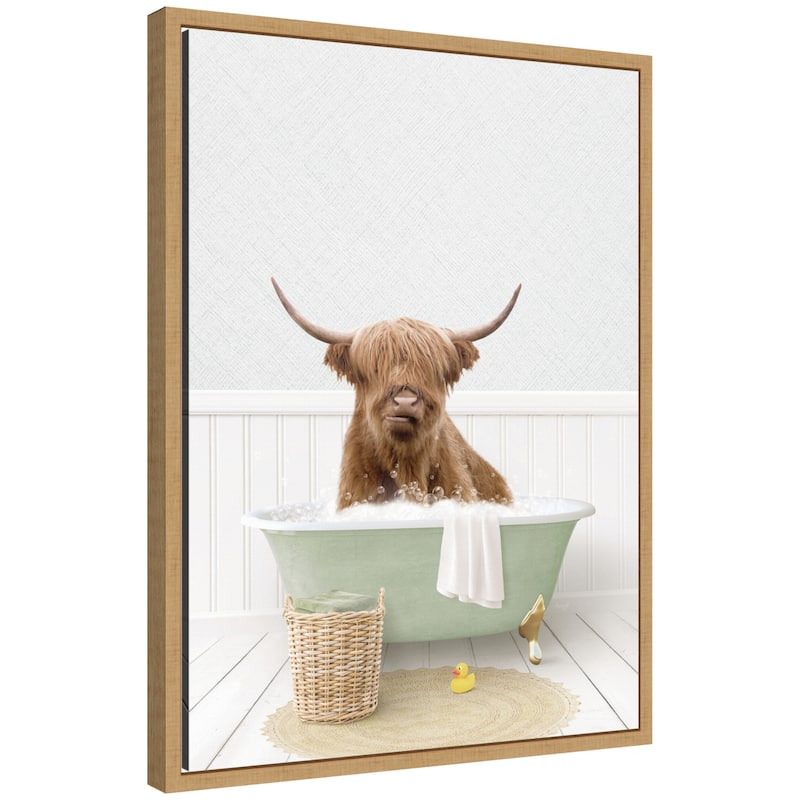 Kate and Laurel Sylvie Highland Cow in Cottage Green Bathtub Framed Canvas by Amy Peterson - Natural