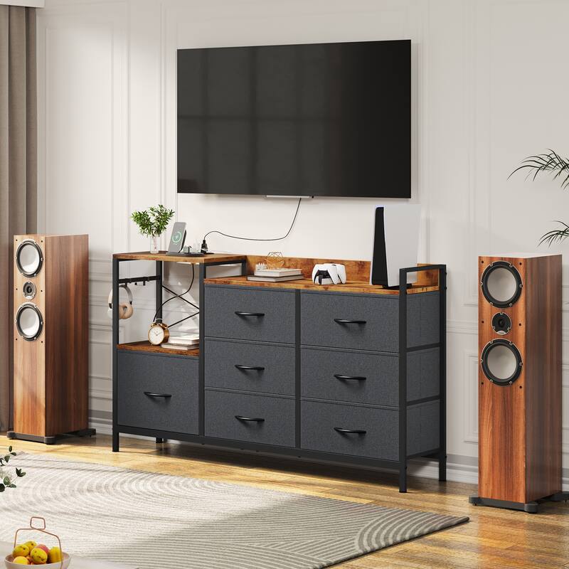 Moasis 7-drawer Dresser Media Console with Charging Station, Shelves