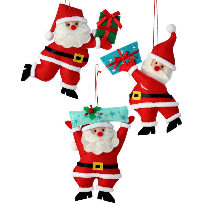 6" Felt Santa With Gift Ornament Set of 3