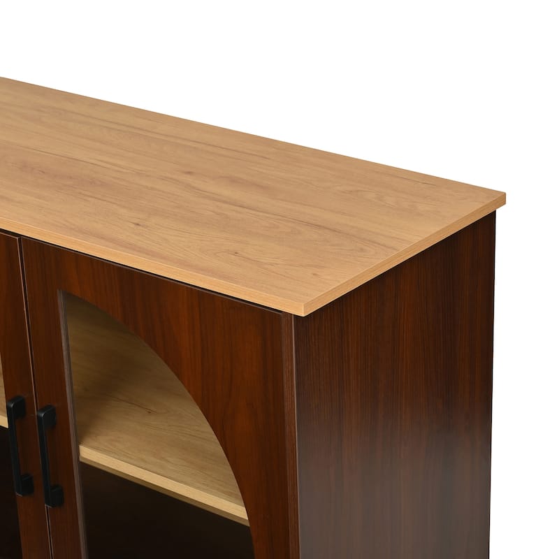 Farmhouse TV Stand with Semi-Arched Glass Doors for TVs Up to 70",Adjustable Shelves,Wood Grain Sideboard with Cable Management
