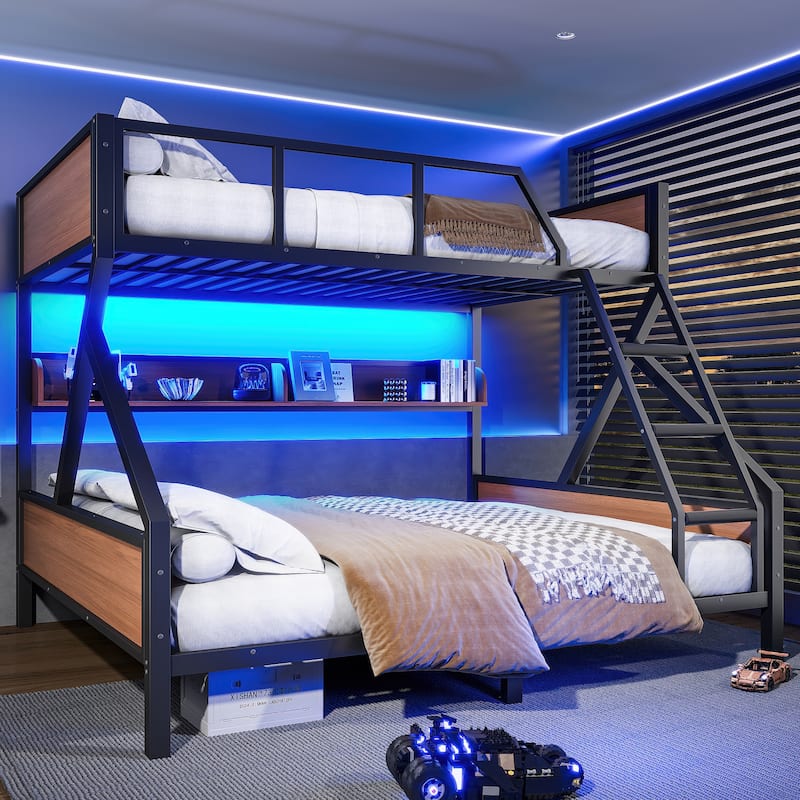 Queen over King Bunk Bed, Metal Bunk Bed with Storage Shelves and Lights, Space-saving & Noise-free Design - Black