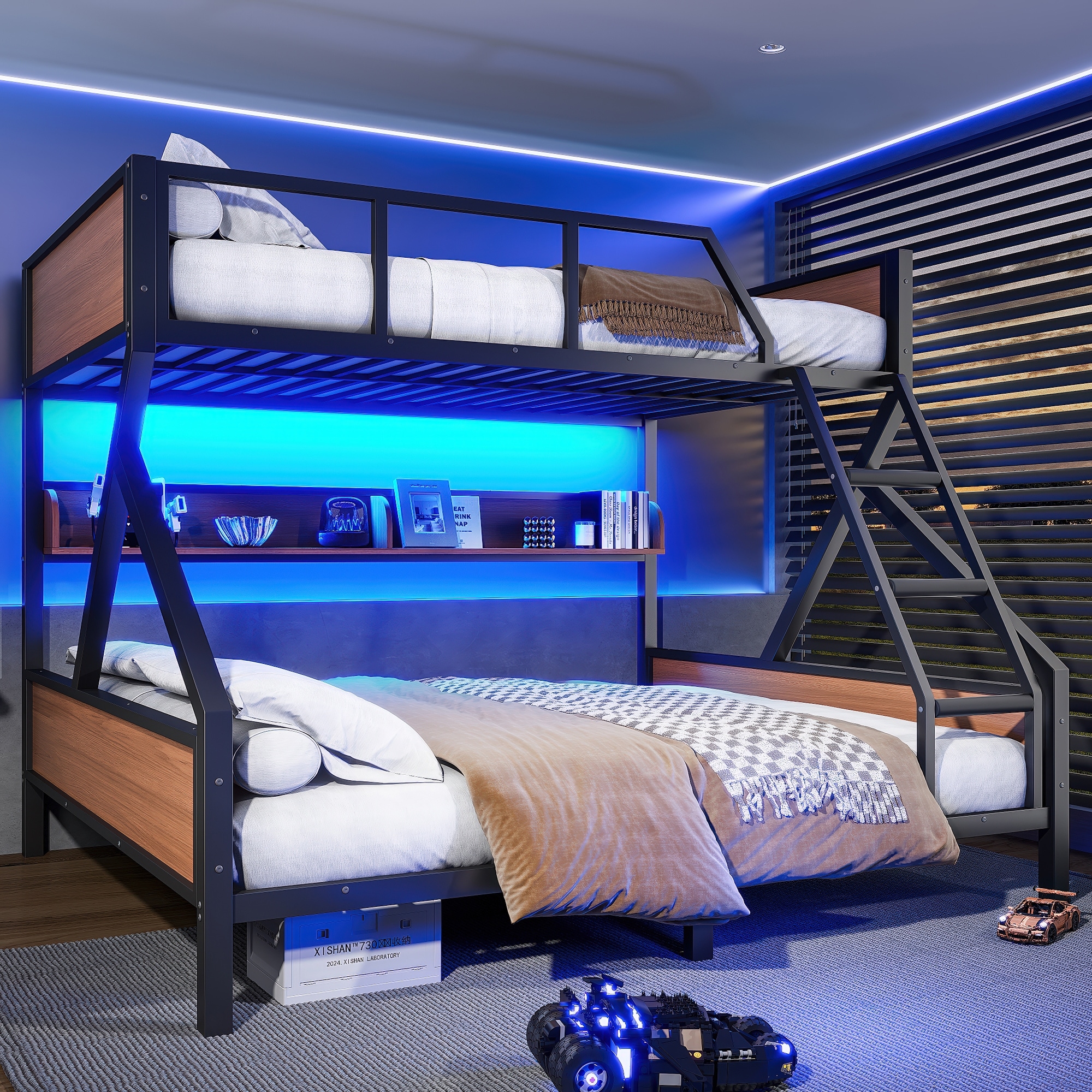 Queen over King Bunk Bed, Metal Bunk Bed with Storage Shelves and