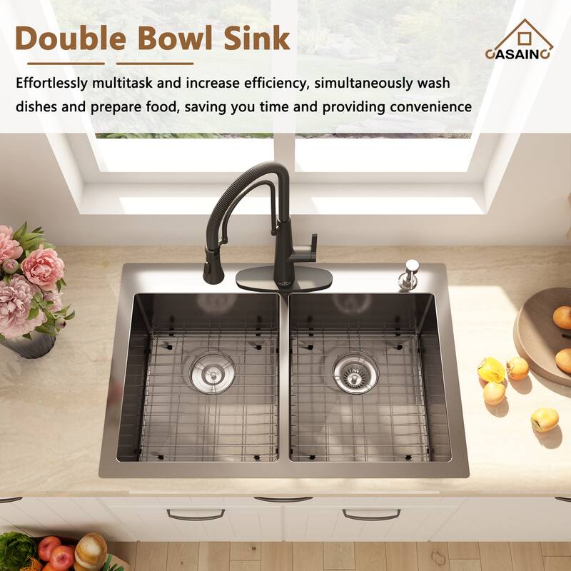 Handmade Drop-In 2-Hole 50/50 Double Bowl 18 Gauge Stainless Steel Kitchen Sink with Bottom Grids and Basket Strainers