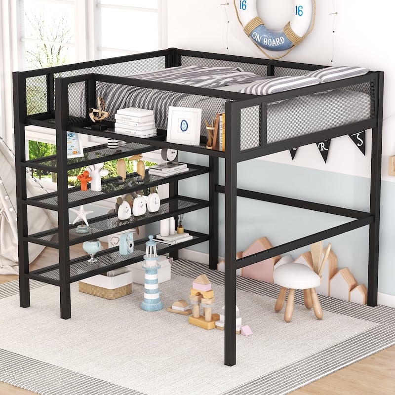 Metal Loft Bed with Shelves, Workstation, Guardrail - Full - Black