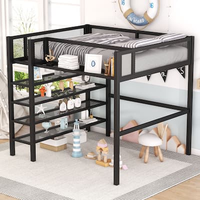 Twin/Full Metal Loft Bed with Built-in Desk, Shelves, and Storage, Modern Design