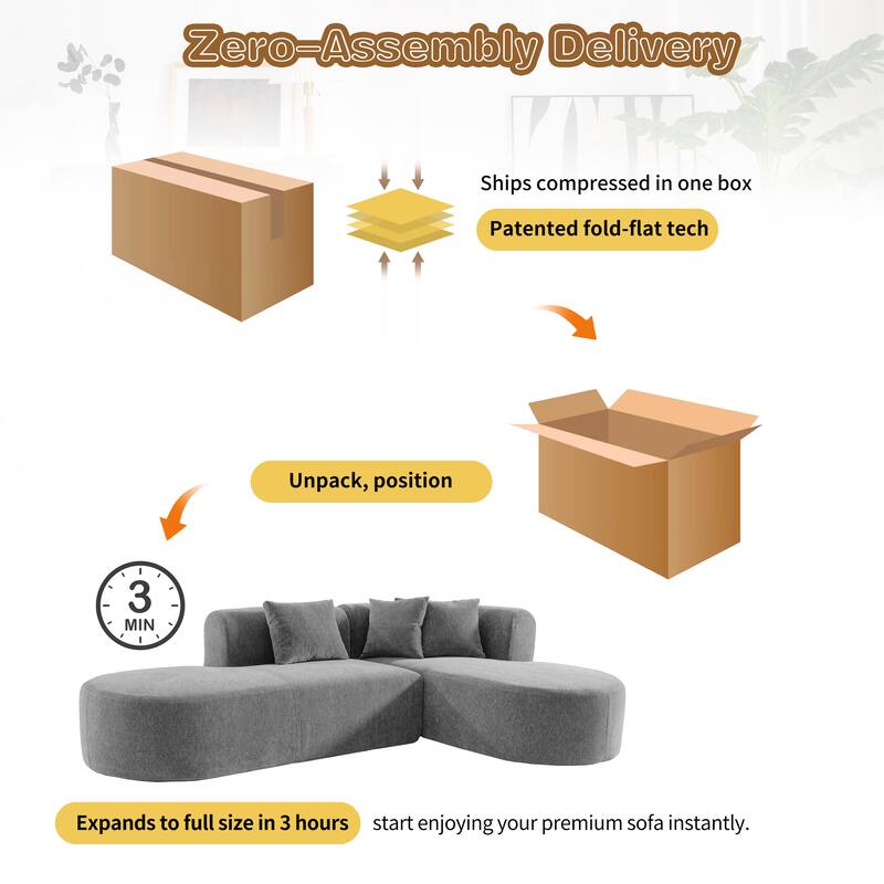 Curved Sectional Sofa with L-Shaped Chaise Lounge, Chenille Upholstered Cloud Sofa, 4 Seater Floor Sofa with 4 Pillows