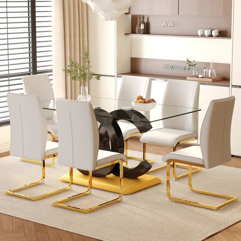 Luxury 7-Piece Dining Table Set 63-Inch Rectangular Glass Table with 6 Faux Leather Chairs Modern Kitchen Dining Table Set for 6 - Transparent,White+Gold