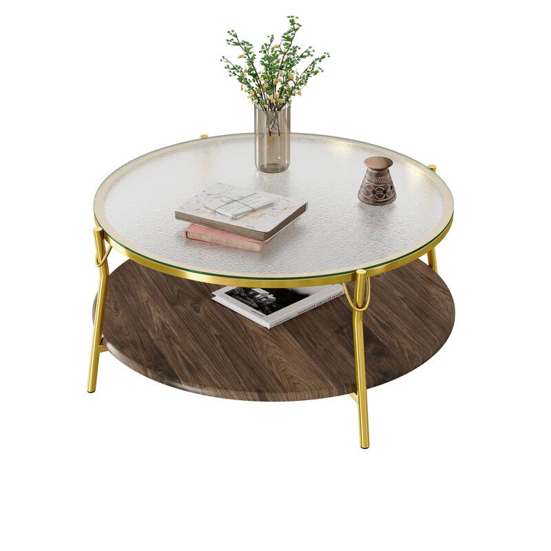 29.9" Round Coffee Table, Luxurious Center Table for Living Room, 2-Tier Storage Table with Glass Top and Gold Base