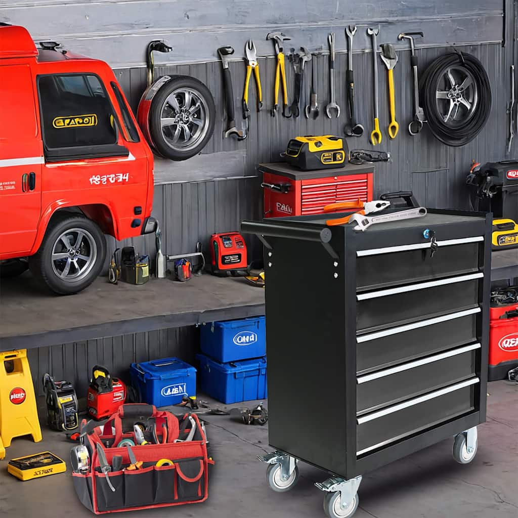 5-drawer metal rolling tool cabinet, storage toolbox with brake wheels, toolbox with lock