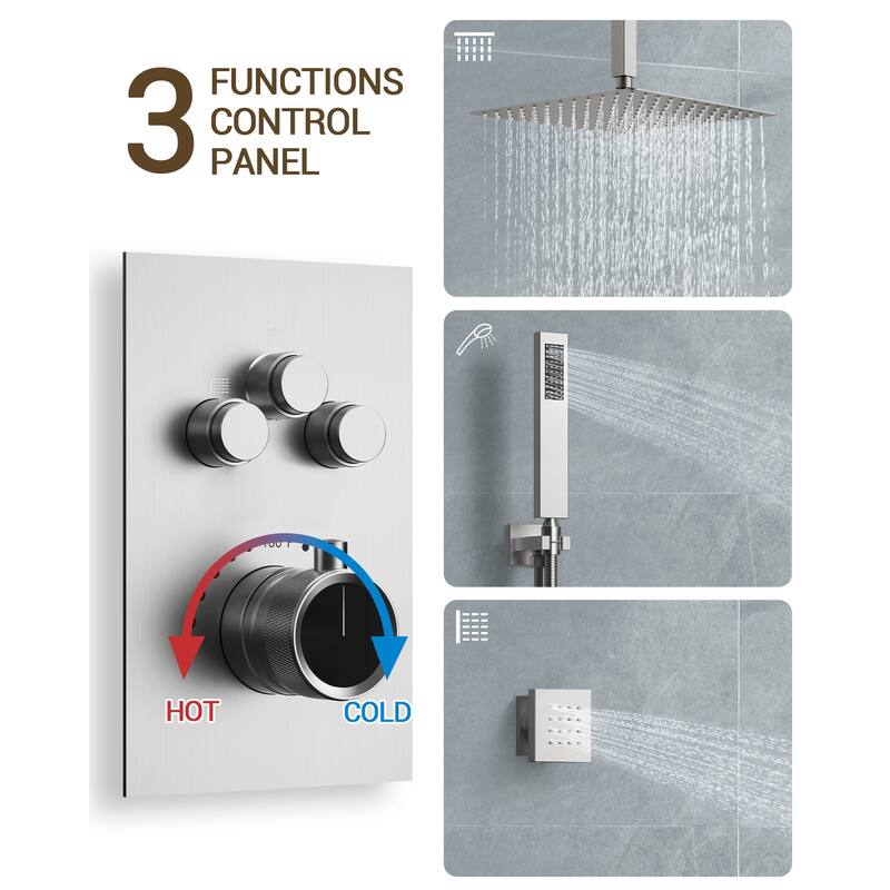 Shower System 12" Ceiling Rain Shower Head with 3-Way Thermostatic Faucet & Body Jets