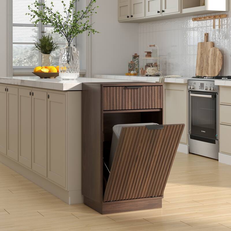 10-Gallon Woodgrain Tilt-Out Trash Can Cabinet with Wave-Textured Drawer & Pull-Out Bin - Multipurpose Kitchen/Bath Organizer