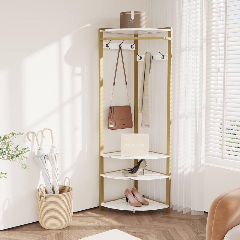 Coat Rack Stand Corner Hall Tree With Shoe Bench 6 Hooks and Storage Shelf - Gold