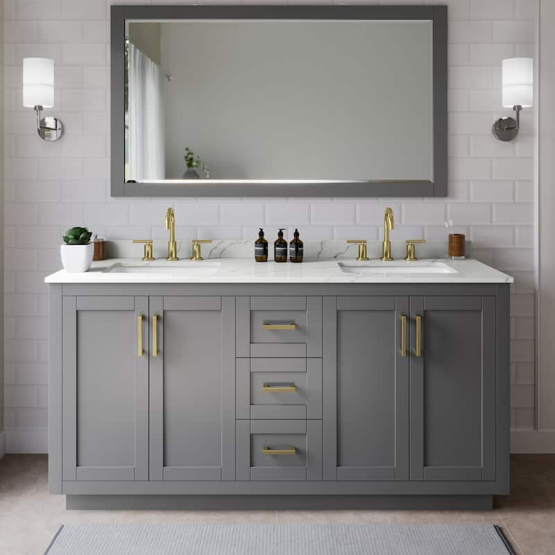 Wyndham Collection WCF292966D-QTZ-US3M58 Miranda 66" Free Standing - Dark Gray / Giotto Quartz Top / Brushed Gold