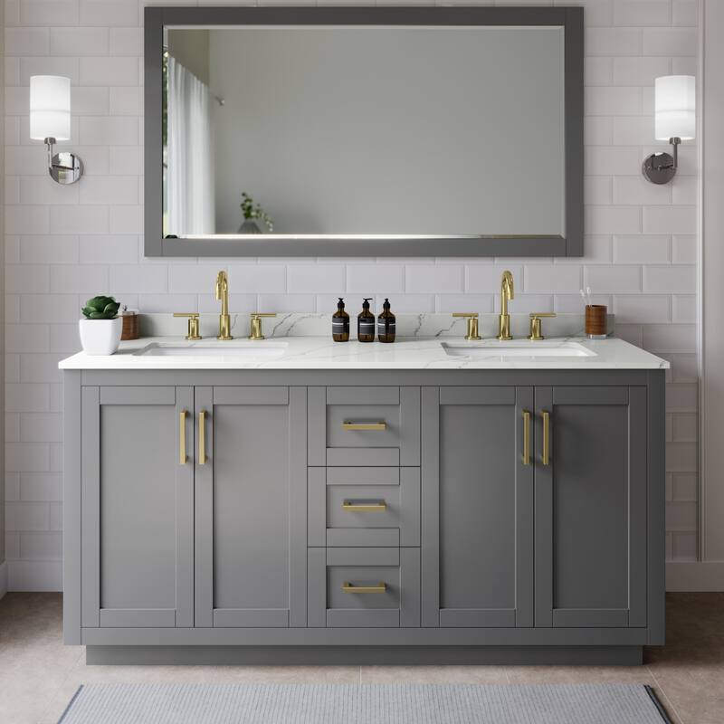 Wyndham Collection WCF292966D-QTZ-US3MXX Miranda 66" Free Standing - Dark Gray / Giotto Quartz Top / Brushed Gold