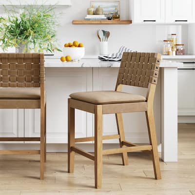 Nathan James Cohen Faux Leather Counter or Bar Height Stool, Solid Wood Frame with Footrest and Woven Leather Back