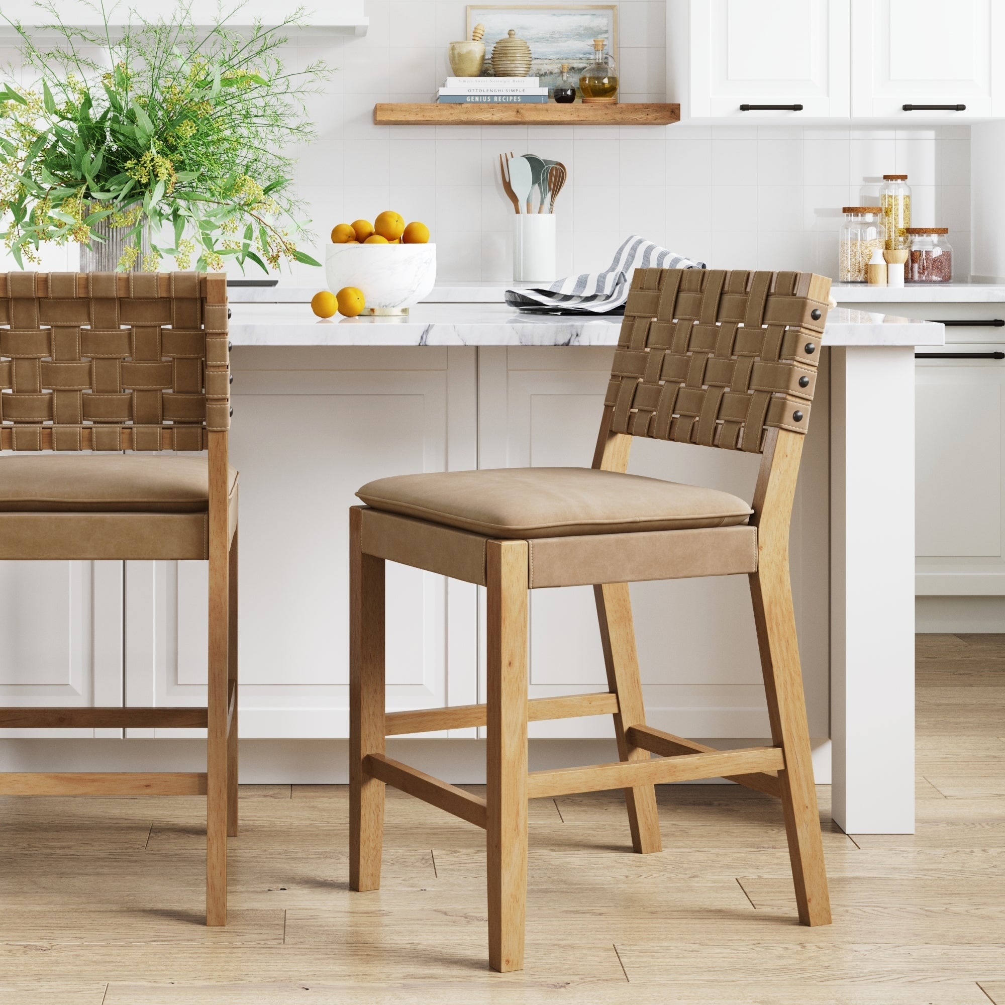 Nathan James Cohen Faux Suede Counter or Bar Height Stool, Solid Wood Frame with Footrest and Woven Leather Back