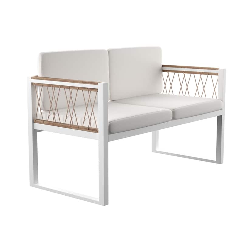 SEI Furniture Wiota Natural Acacia Wood Outdoor Loveseat with Deep Seating Cushions and Rope Accents