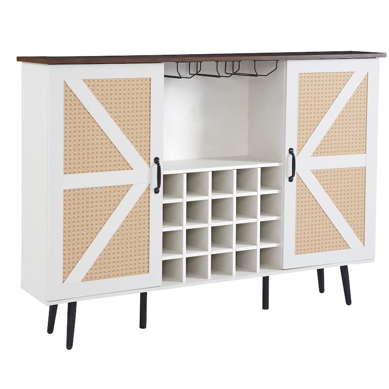 Faux Rattan Wine Bar Cabinet with Wine Rack & Wine Glass Holder, Buffet Storage Cabinet Kitchen Microwave Cabinet, White+Walnut