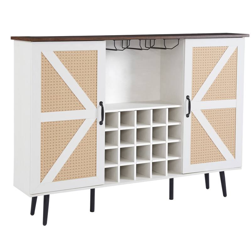 Rattan Barn Door Wine Cabinet with Wine Rack and Wine Glass Rack, Double Door Buffet Cabinet with Removable Shelves