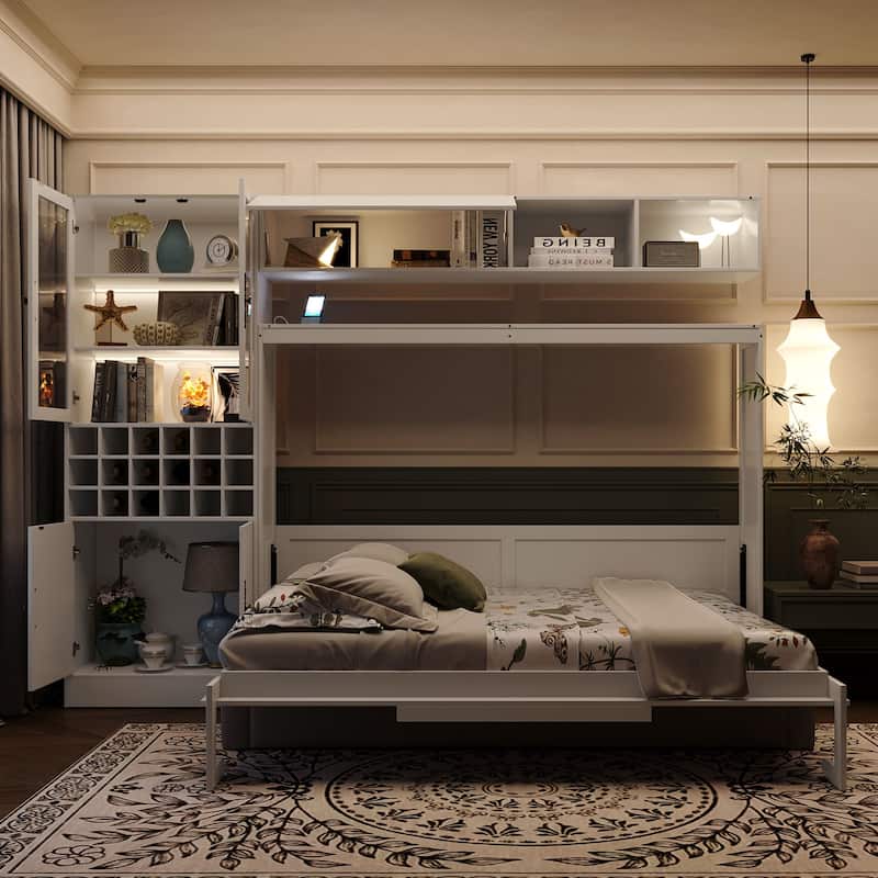 Multifunctional Full Size Murphy Bed Storage Wall Bed with Sofa, USB, Glass Door Cabinet, Wine Rack and Shelves, Foldable Design