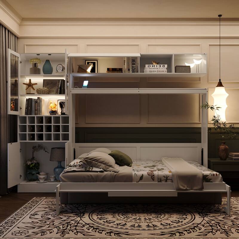 Space-Saving Full Size Murphy Bed with Sofa, Shelves, USB & Light in White