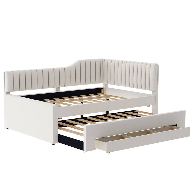 Full Size Linen Daybed with Trundle and 3 Storage Drawers and Multi-Functional Upholstered Bed (400lbs Capacity)