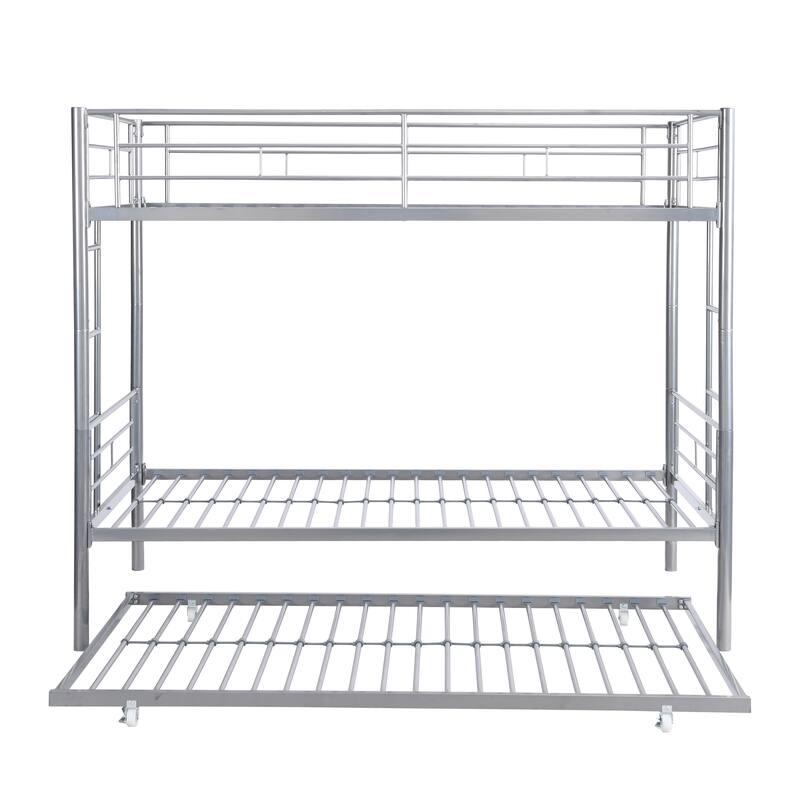Twin Over Twin Bunk Bed with Trundle, Convertible Metal Bunkbeds with 2 Ladders and Guardrails, Space Saving, No Box Spring