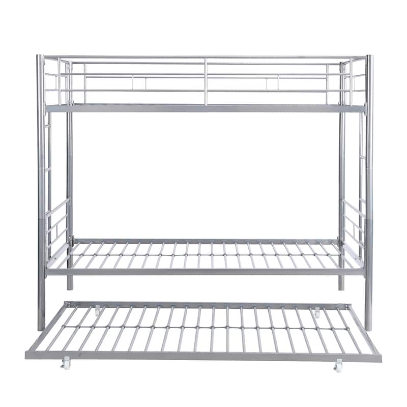 Twin over Twin Metal Bunk Bed with Trundle and Fence