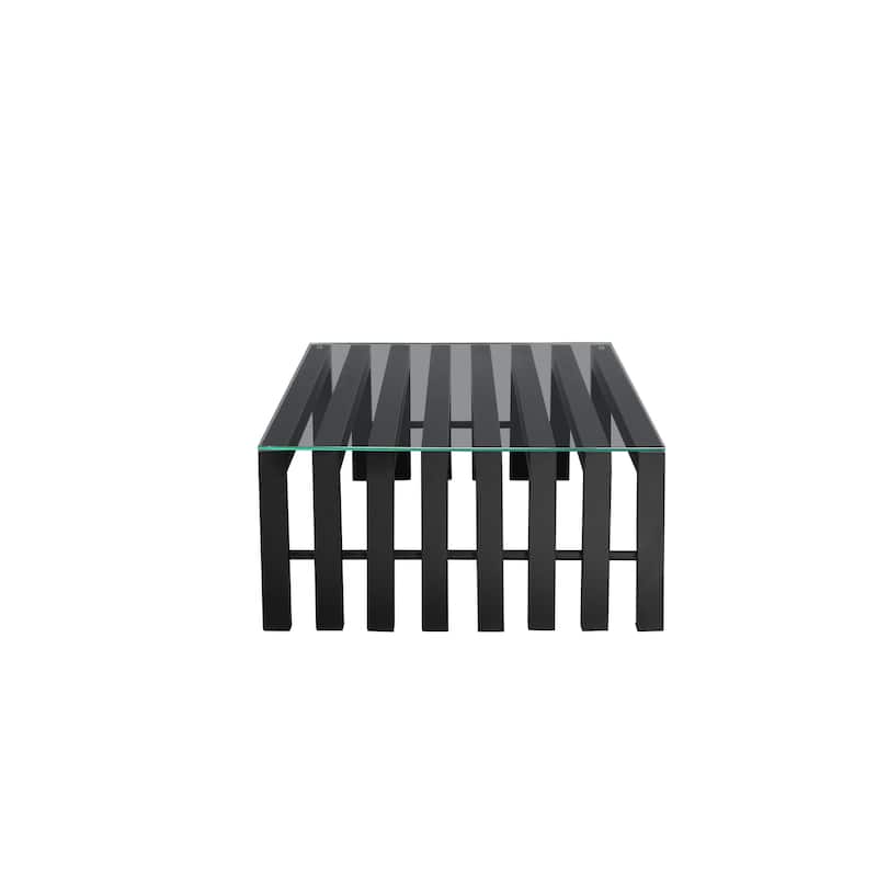 Namo 55 Inch Coffee Table, Tempered Glass Top, Slatted Black Metal Frame