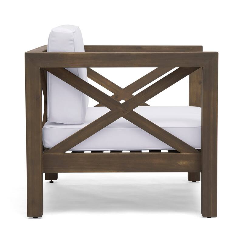 Bea Outdoor Club Chair, White Cushions, X Back Design Weathered Gray