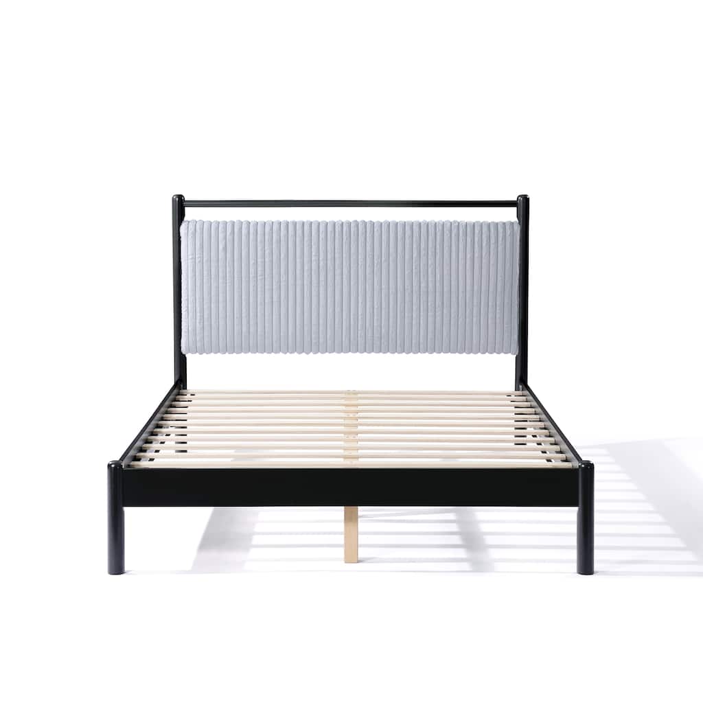 Classic Wooden Platform Bed Frame with Light Grey Fluffy Headboard