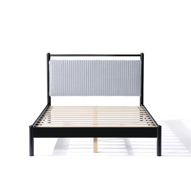 Full Size Wood Platform Bed with Soft Headboard, Grey and Black Frame