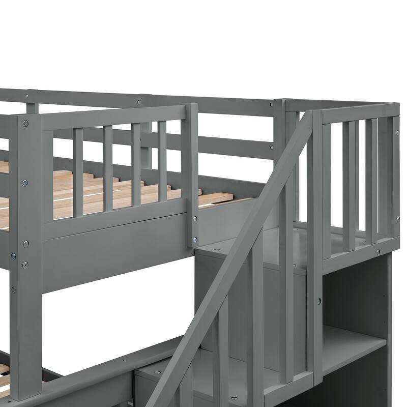 Twin-Over-Full Bunk Bed with Trundle, Storage, and Guard Rail for Bedroom or Dorm