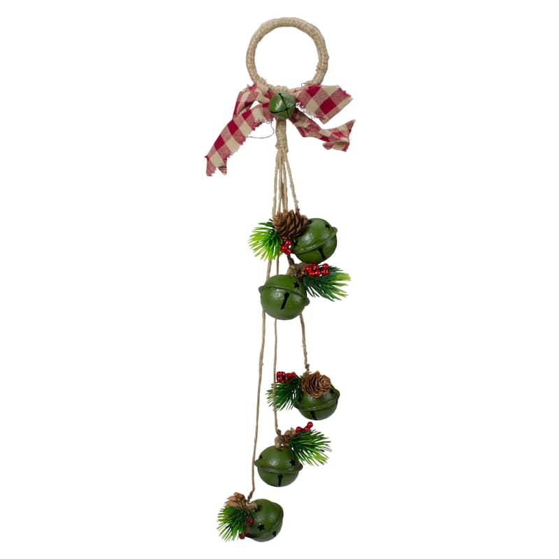 15-Inch Pine Green Jingle Bell Christmas Door Hanger with Plaid Bow