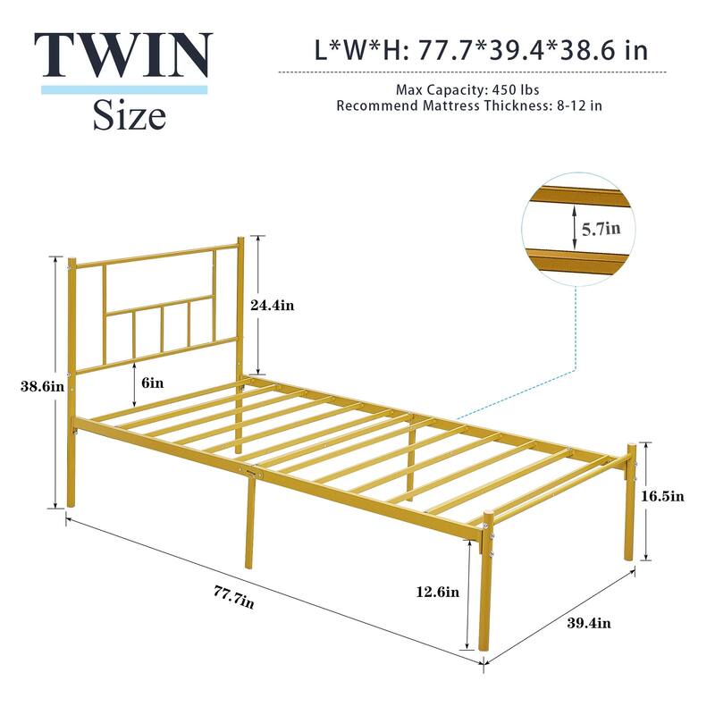 VECELO Victorian Style 14 Inch Metal Platform Bed Frame with Headboard, Heavy Duty Steel Slat Support, No Box Spring Needed