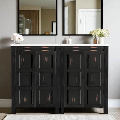 48" Double Sink Bathroom Vanity with Ceramic Sinks, Solid Wood Frame, Vintage Espresso Finish, Soft-Close Doors, Storage Shelf