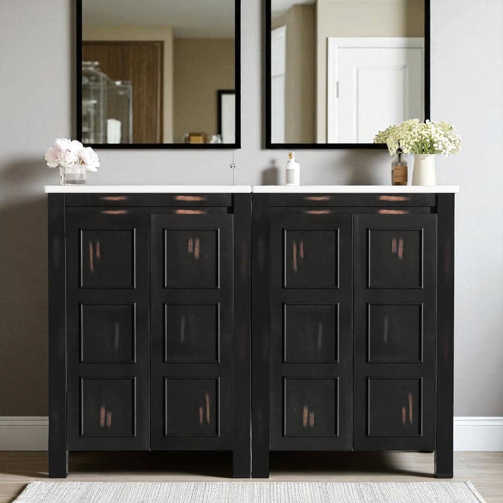 48" Double Sink Bathroom Vanity with Ceramic Sinks, Solid Wood Frame, Vintage Espresso Finish, Soft-Close Doors, Storage Shelf