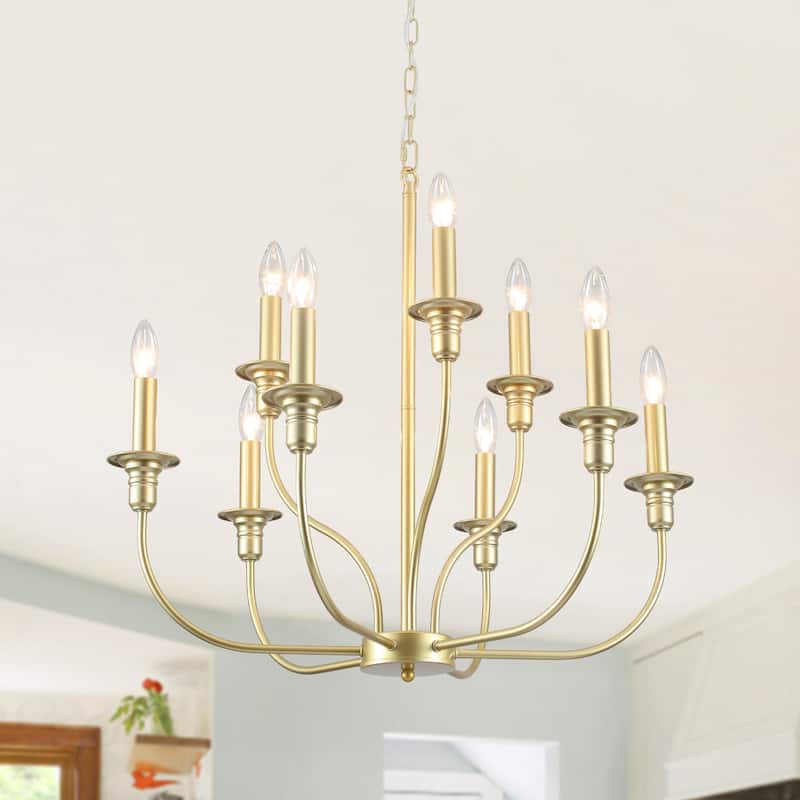 9-Light Candlestick Farmhouse Chandelier for Bedroom Living Room Staircase - Spray-painted Gold